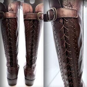 Arturo Chiang Cognac Leather Riding Boots 8.5 Studded Corset Lace Back Buckle
